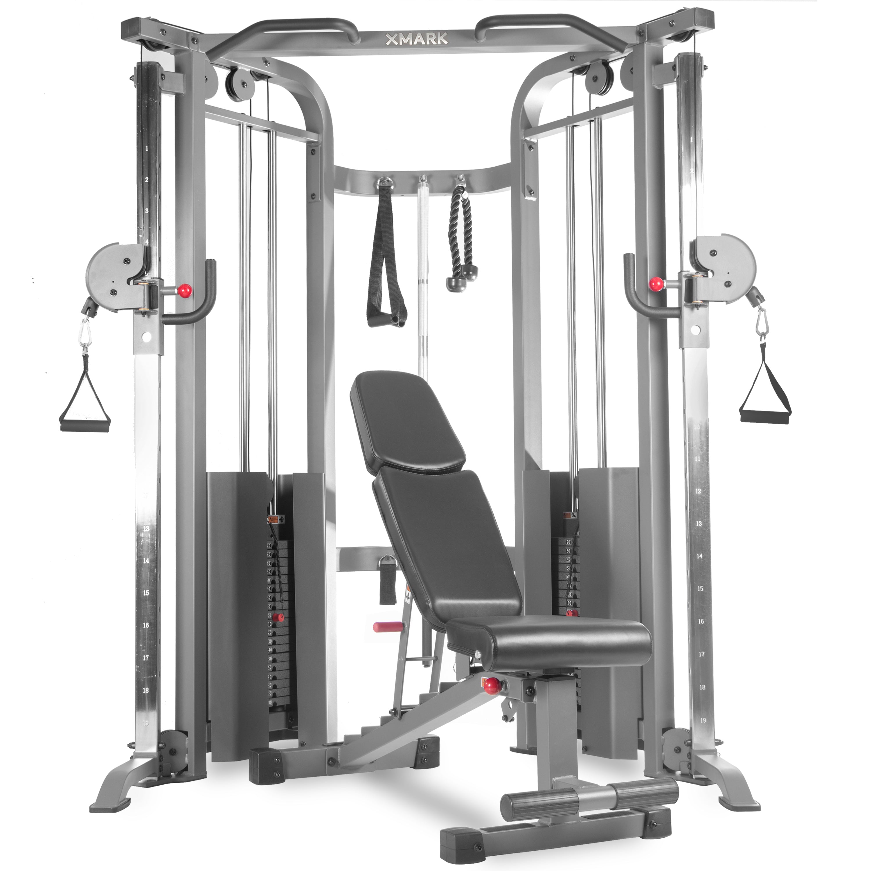 XMARK Functional Trainer Cable Machine with 200 lb Weight Stacks and Adjustable Weight Bench