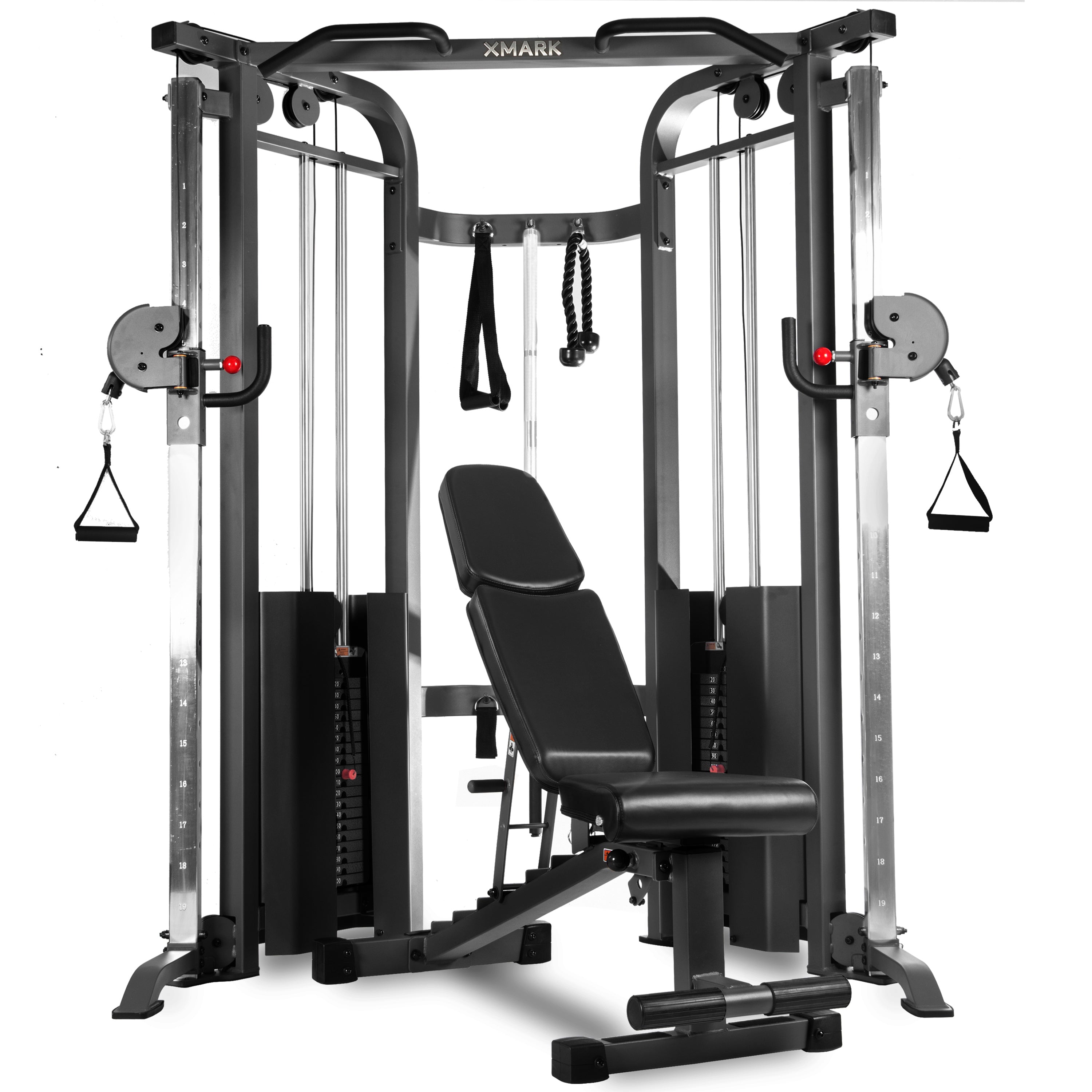 XMARK Functional Trainer Cable Machine with 200 lb Weight Stacks and Adjustable Weight Bench