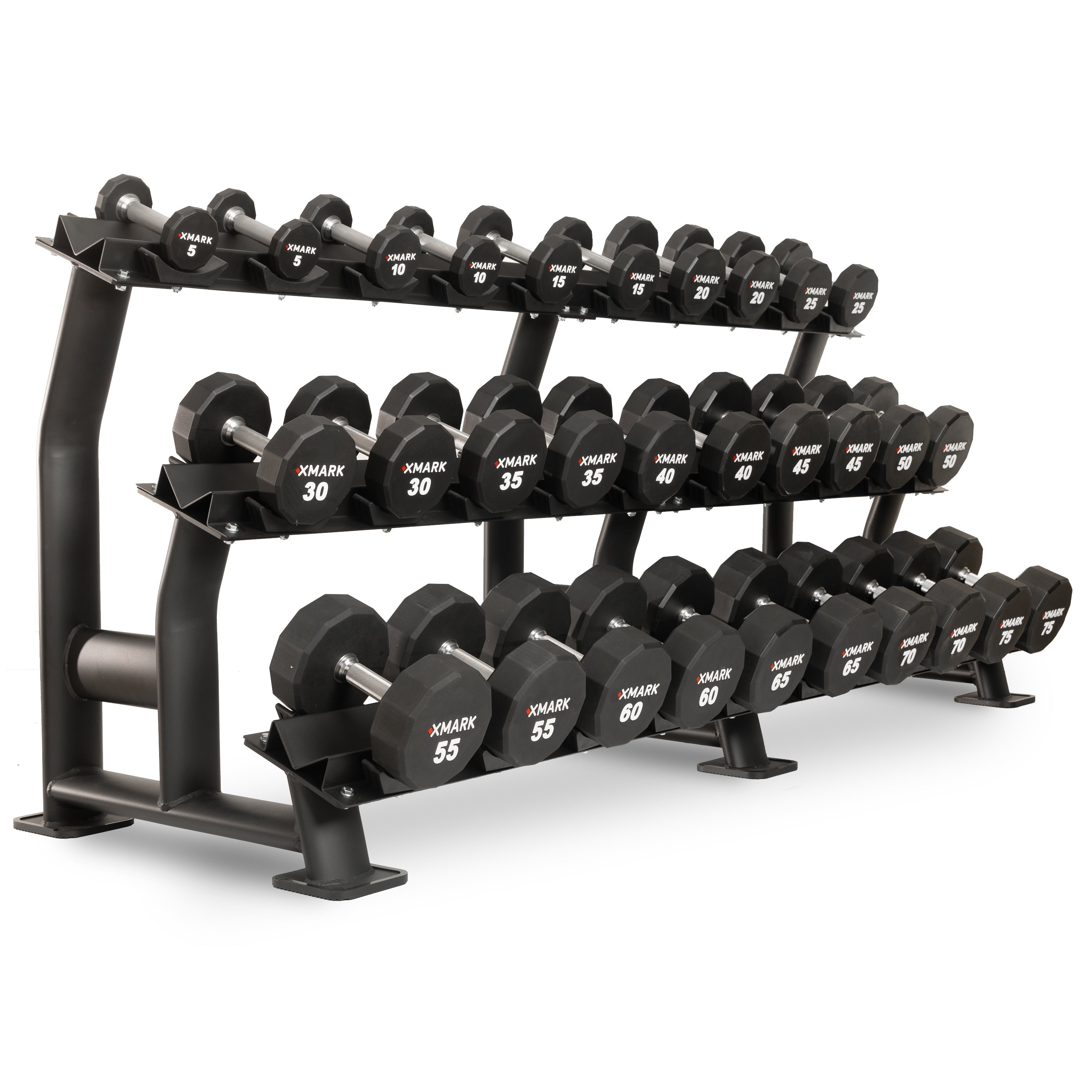 XMARK 12-Sided Commercial Urethane Dumbbells (5-50 lb and 5-75 lb Sets)